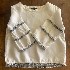For Cynthia White Linen Blouse Black and White Fringe Size Small Hippie Boho